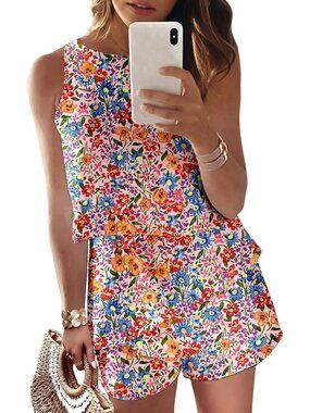 Women's Orange Floral Summer Casual Ruffle Chiffon Polyester Sleeveless Romper